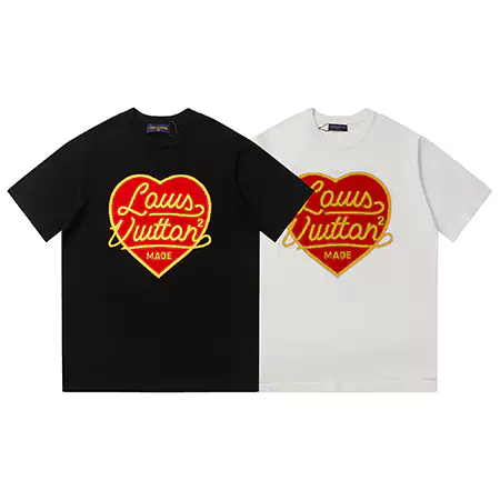 ルイヴィトンTシャツメンズ/レディース | ハート刺繍 ロゴ | 上質コットン LVハートコットンメンズ/レディースTシャツ